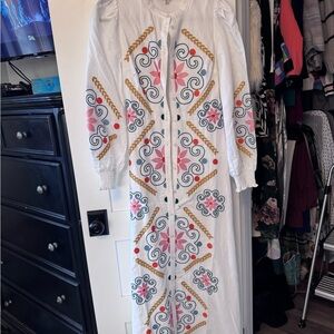 Boden White Long Sleeve Dress with Pink and Gold Embroidery